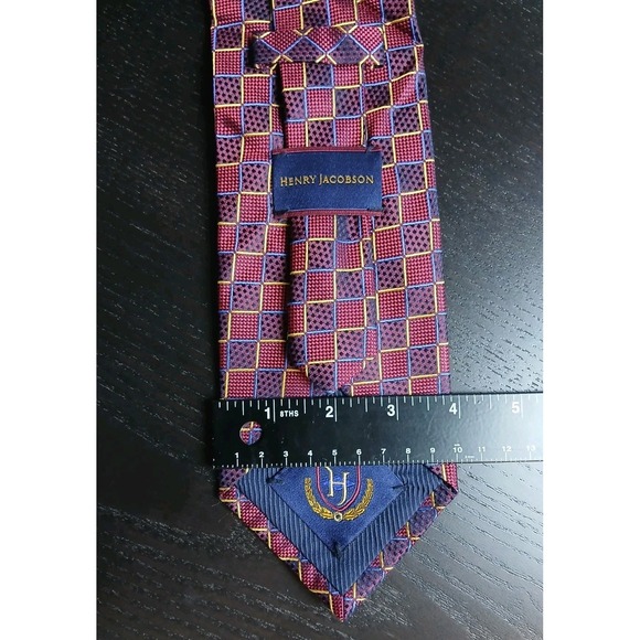 HENRY JACOBSON 100% Silk Tie Necktie Designer Gold/Blue/Red Businessman #397C - Picture 6 of 8